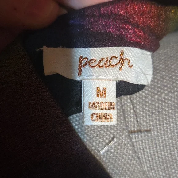 Peach Shiny Rainbow Color Button Up Shirt With Collar And Elastic Puff Sleeves - Picture 2 of 6